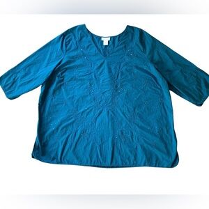 Avenue Embroidered Cotton Top Pullover Blouse Teal Blue Women’s Size 30 / 32
